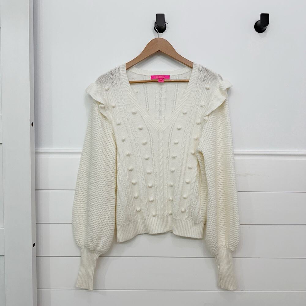 Women’s Lilly Pulitzer Cable Knit V Neck Greta Pom Pom Sweater Coconut Size M